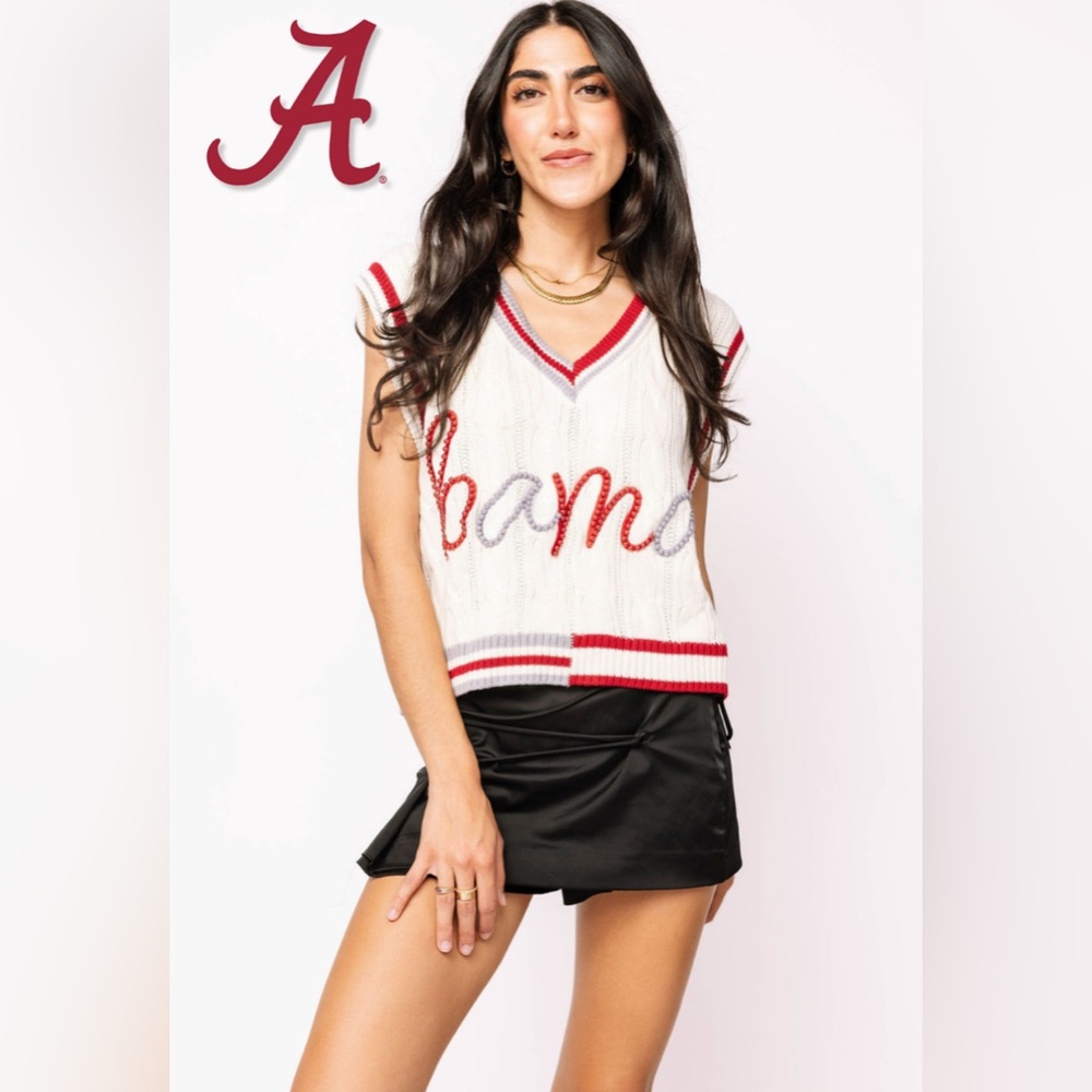 New! QUEEN OF SPARKLES Licensed Pearl ‘BAMA’ Knit Sweater Vest Oversized